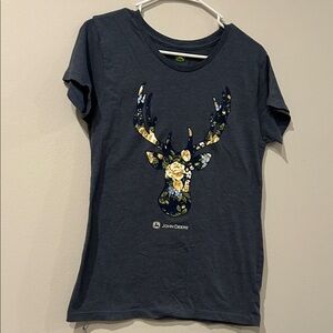 John Deere Floral Deer Graphic T Shirt Women’s L Gray Farm Country Tee